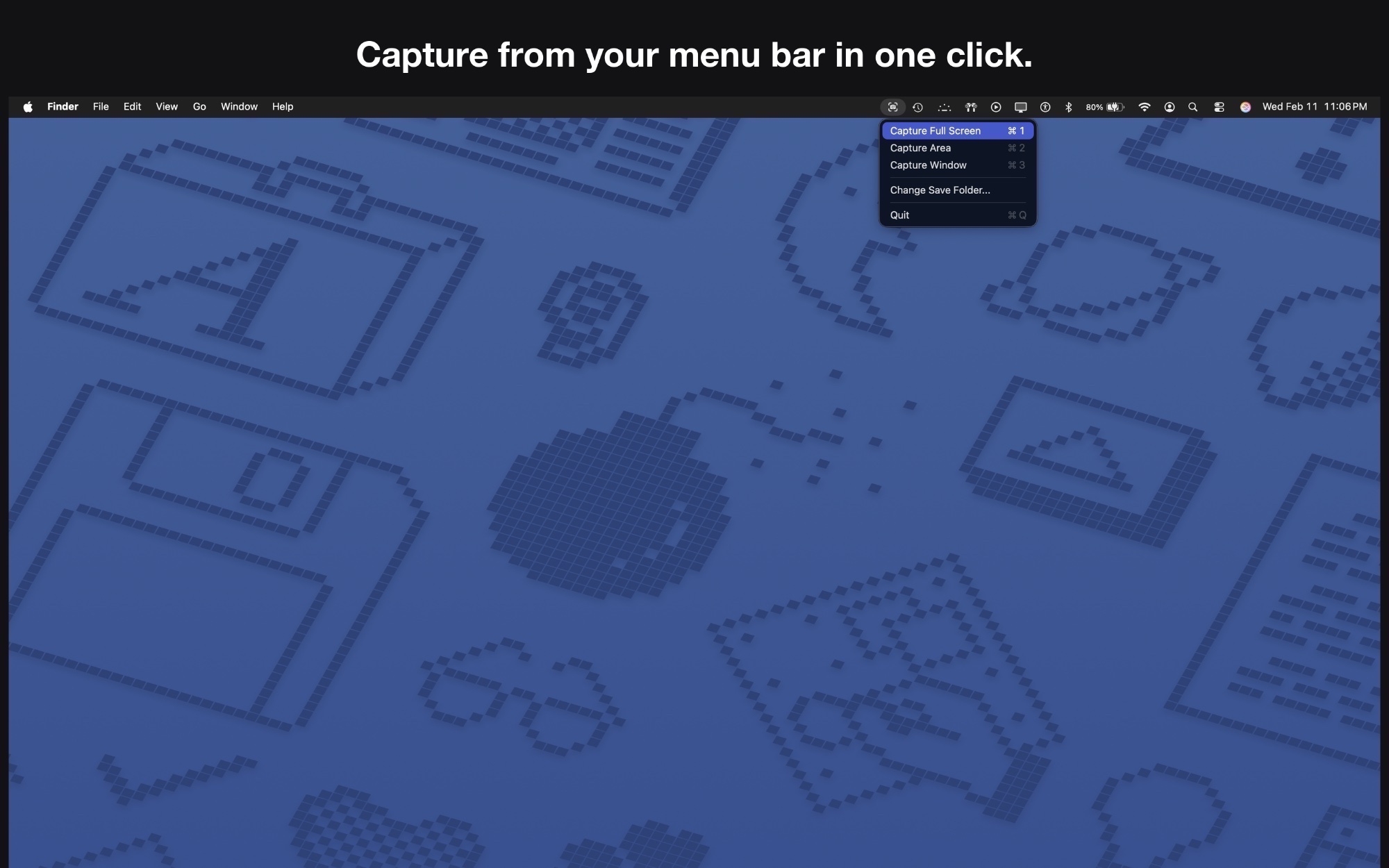 ClickFile menu bar dropdown showing Capture Full Screen, Capture Area, and Capture Window options on macOS.