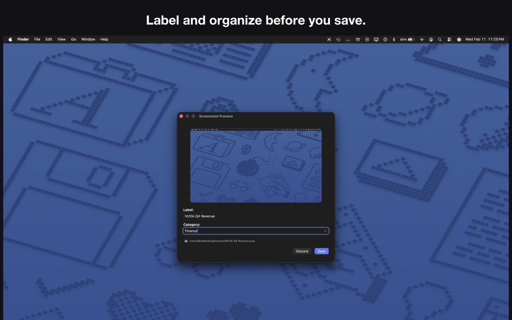 ClickFile preview window with Label and Category fields for organizing a screenshot before saving.