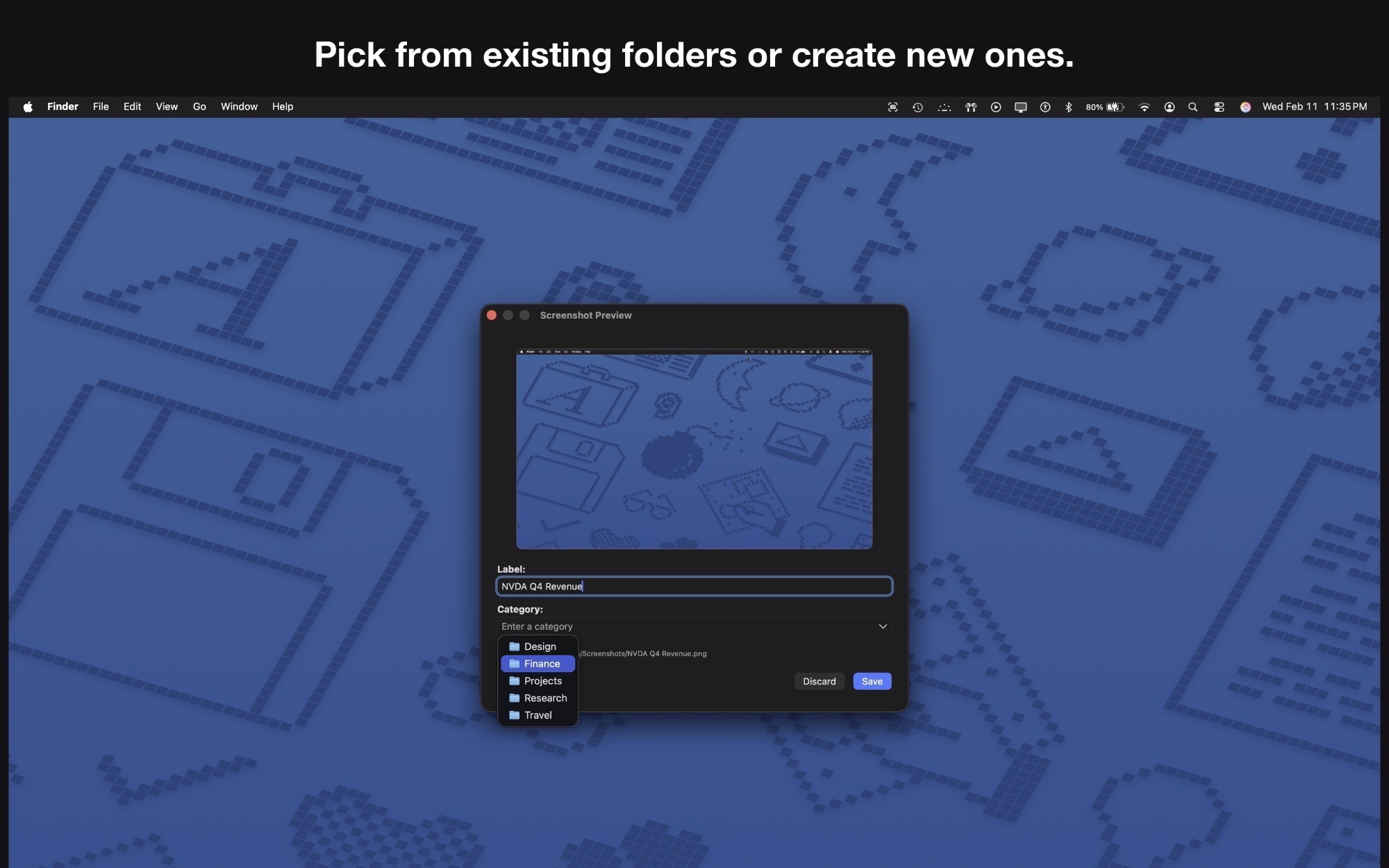 ClickFile category dropdown showing existing folders like Design, Finance, Projects, Research, and Travel.