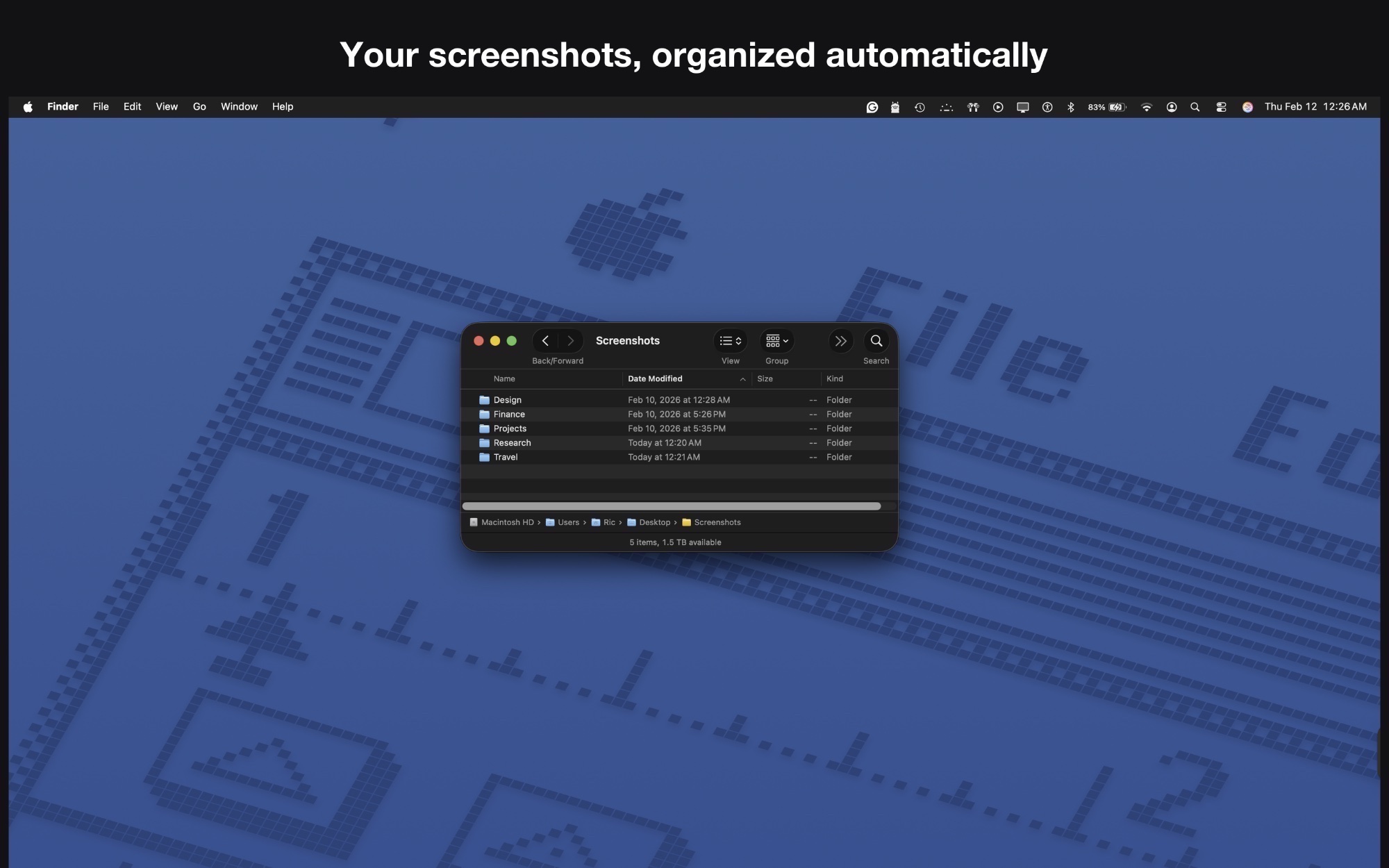 Finder window showing organized screenshot folders created by ClickFile.