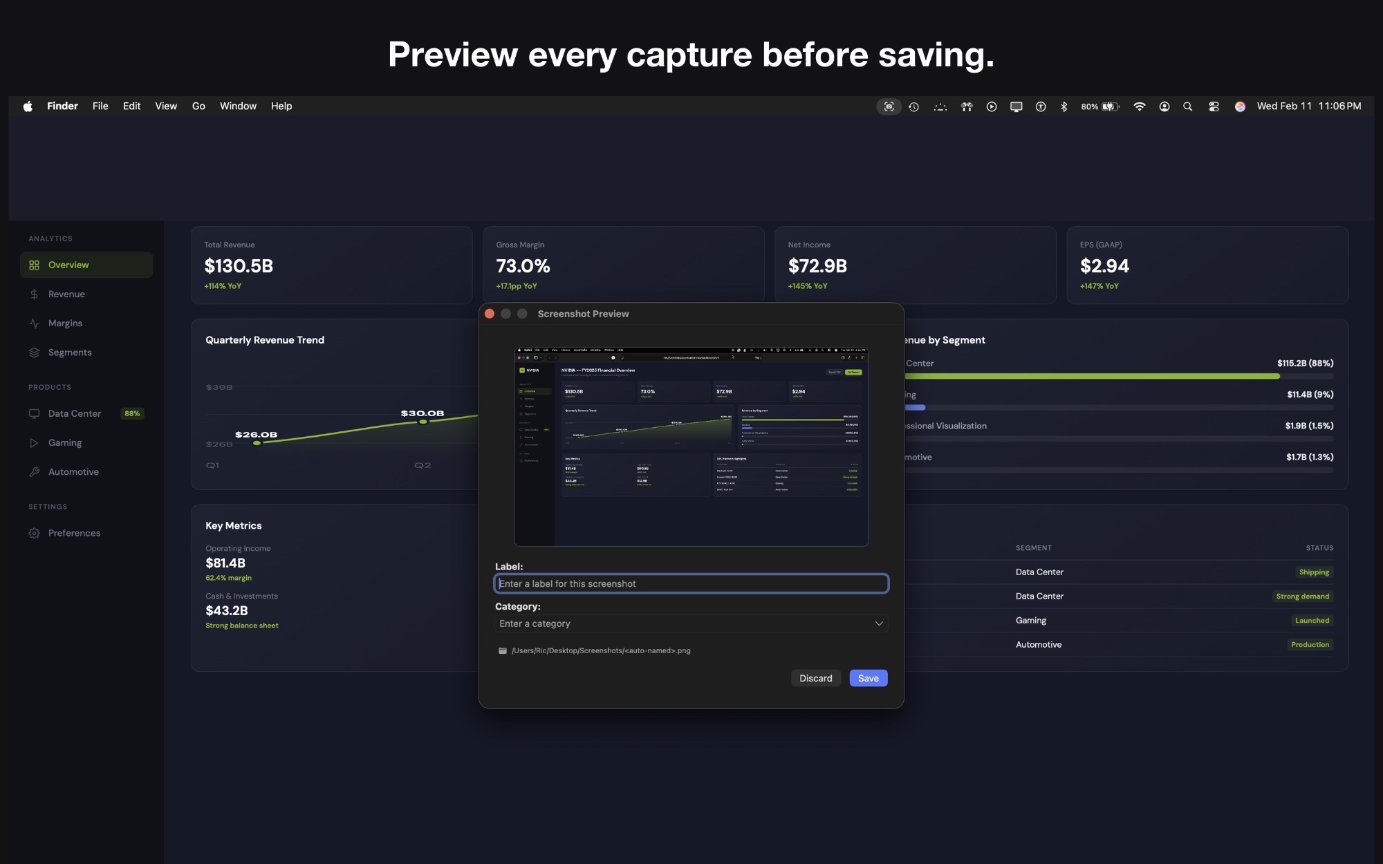 ClickFile screenshot preview window overlaying a financial dashboard on macOS.